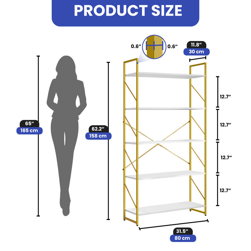 5 Tier Industrial Bookshelf with Metal Frame and Scratch Resistant Shelves, (5 Shelves) 62.2" H x 31.5" W x 11.8" D