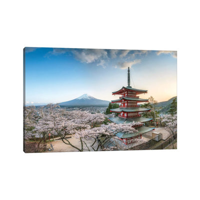 Chureito Pagoda With View Of Mount Fuji At The Arakura Sengen Shrine In Fujiyoshida by Jan Becke - Wrapped Canvas Print