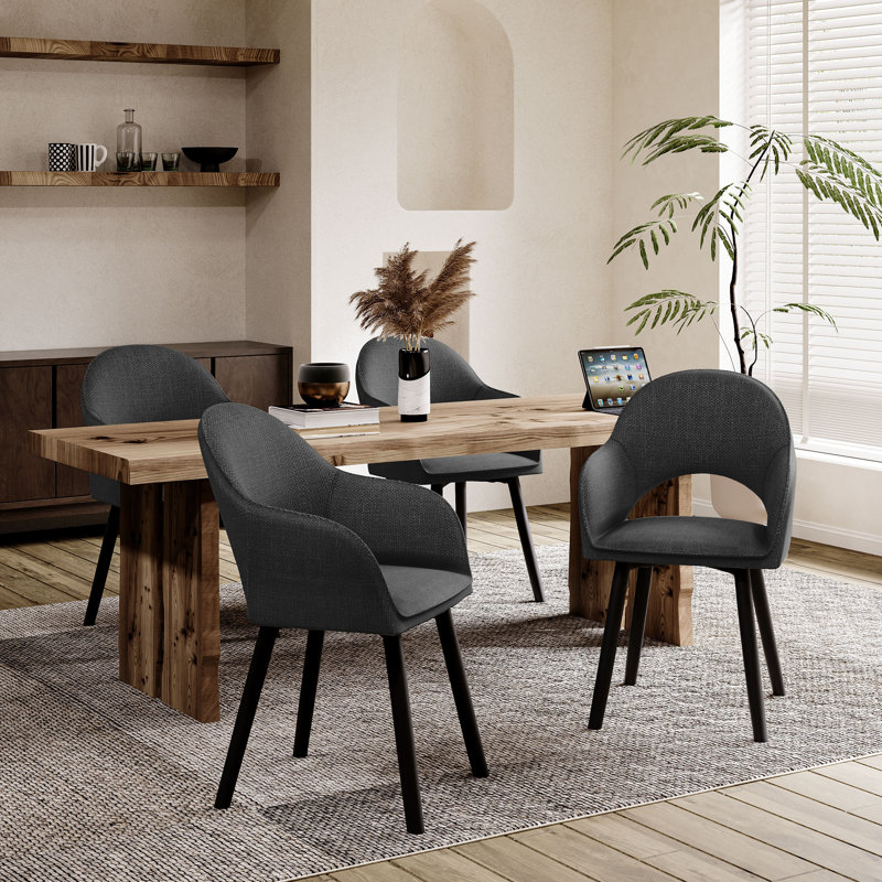 49.5cm H Luxury Fabric Upholstered Dining Chair with Wooden Legs, Black Linen/Black, 4