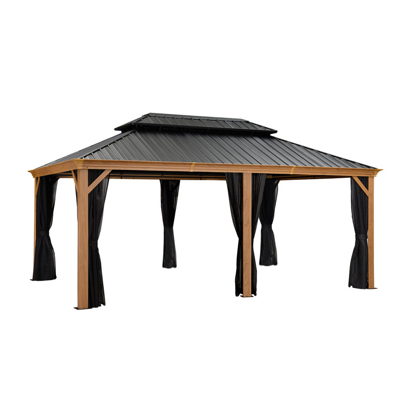 PURPLE LEAF Hardtop Gazebo for Patio Wood Grain Galvanized Steel with Netting, 12' X 18'