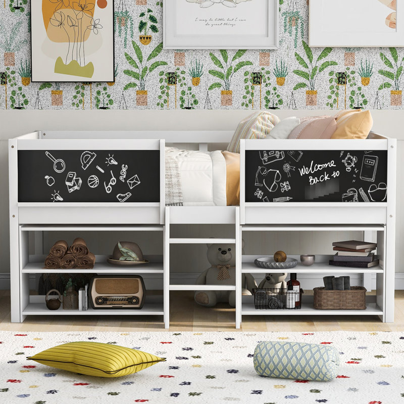Lit mezzanine simple amusant avec tablettes mobiles et tableau noir, Blanc