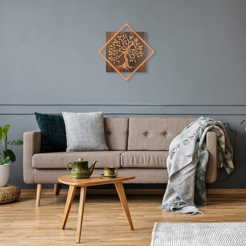 Elegant Decorative Wooden Wall Accessory, Walnut & Copper Finish, 21.3 x 21.3 inches | 50% Real Wood (Thickness: 1.2 inches) & 50% Metal (Thickness: 0.06 inches) | Unique Home Décor, Easy Wall Mounting, Stylish & Versatile Design