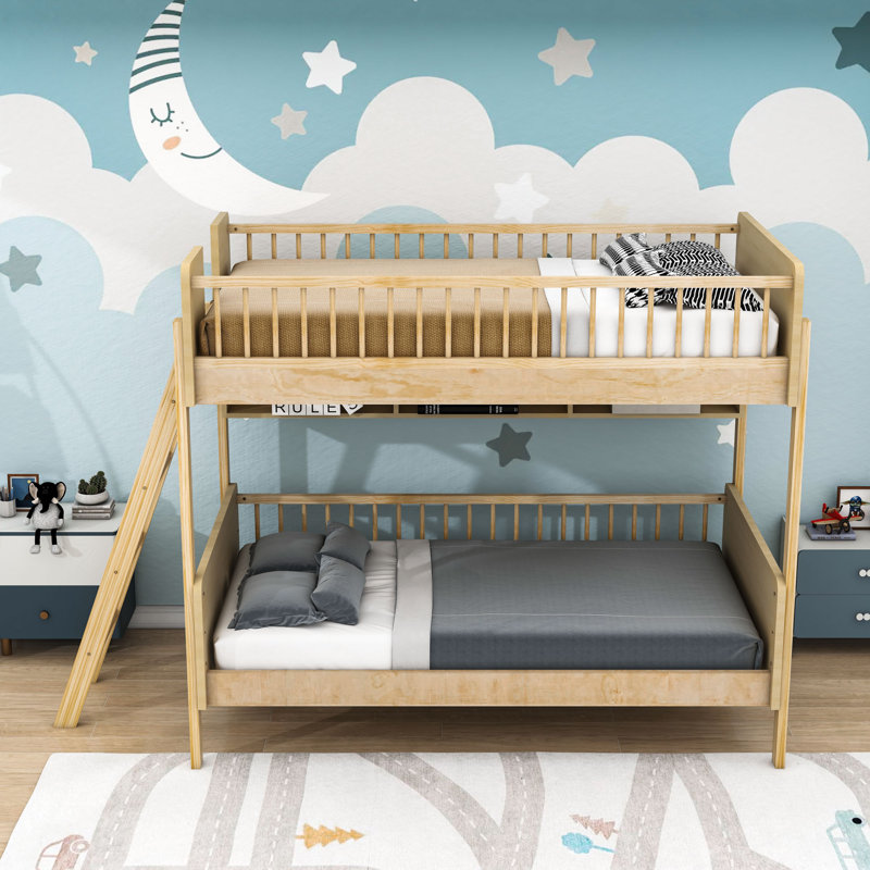Lit superposé en bois avec 3 tablettes de rangement, Naturel