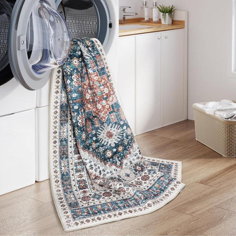 Medallion Non Slip Washable Rug(Red), Rectangle 8' x 10'