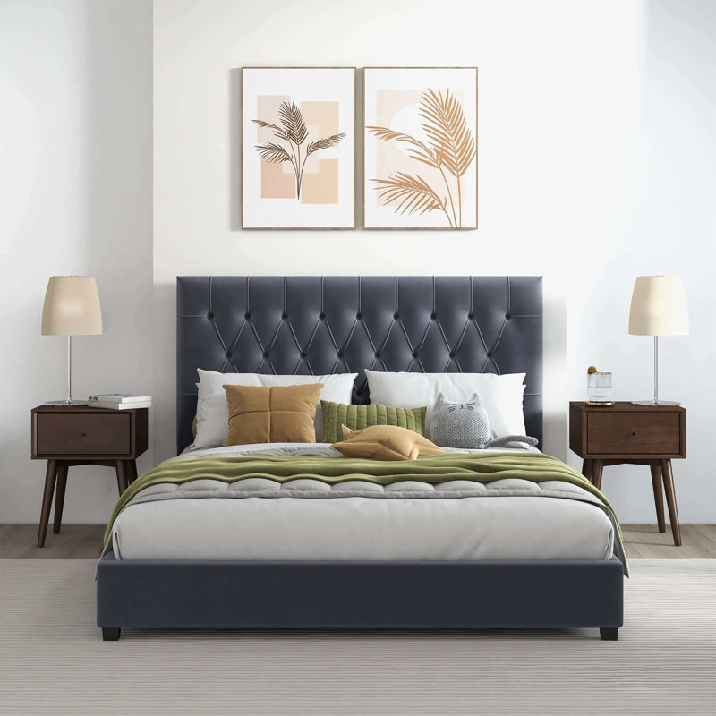 Lit plateforme Mid-Century, gris, Grand