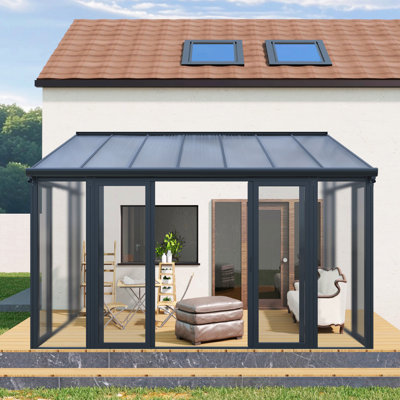 10×14 Ft Enclosed Patio Cover With 3 Lockable Sliding Doors, All Season Sunroom With Aluminum Alloy Frame ,Polycarbonate Roof And Transparent Solid Pc Endurance Panel Wall System For Garden Patio Deck