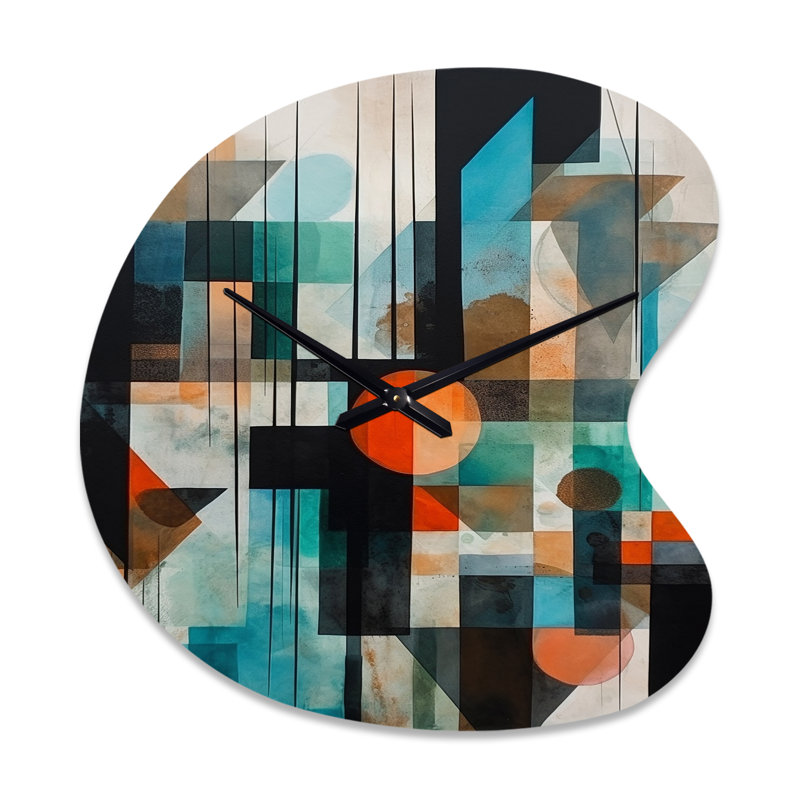 «Orange Abstracted Geometric Explorations I», horloge murale asymétrique en métal, impression de forme unique orange, Petit