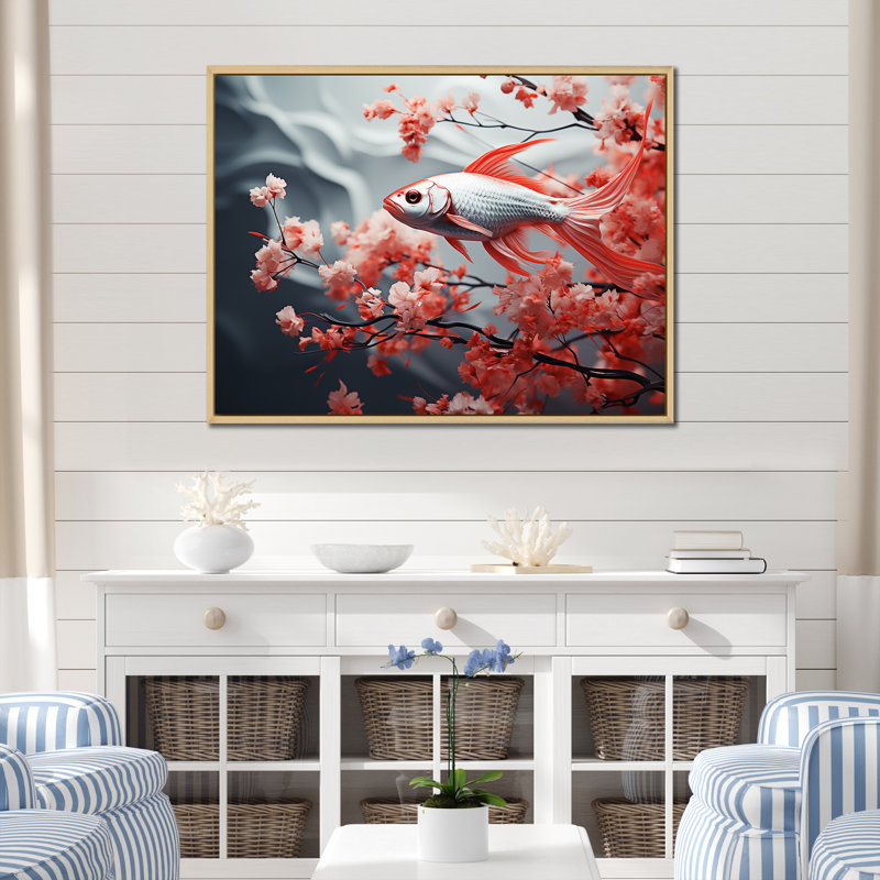 " Red And Grey Kois Fish Swimming With Serenity II ", 30" H x 40" W x 1.5" D, Natural Floater Framed