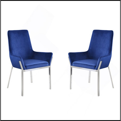 Ensemble de 2 chaises d'appoint rembourrées en velours bleu au fini argenté miroir