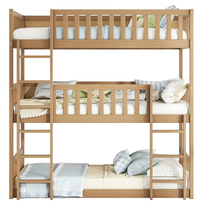 Stylish Twin Over Bunk Bed, White Oak Color Rubber Wood Triple Bed In Oak, Strong Build, Oak
