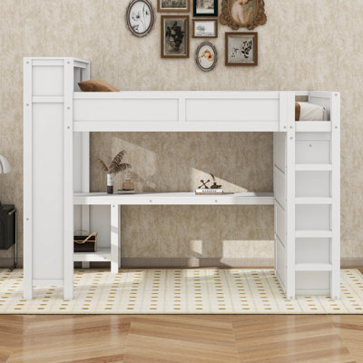 Grand lit mezzanine avec bureau et garde-robe, escalier, tête de lit avec rangement intégré et port USB