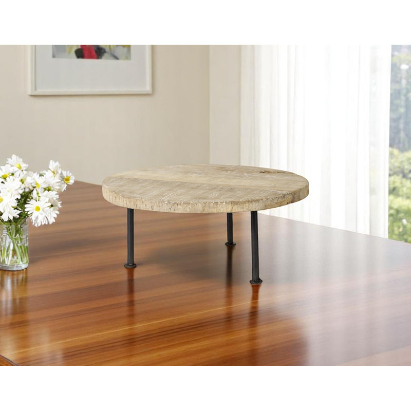 15" Light Brown And Black Round Solid Wood Handmade Riser Tray