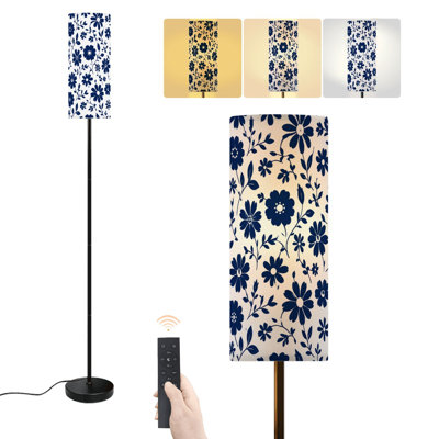 Floor Lamp Navy Blue Floral Elegant White vintage  unique Dimmable Modern Standing Lamp with Remote Control Footswitch Bulb Lampshade Tall Pole Corner Lamp for Living Room Bedroom Office