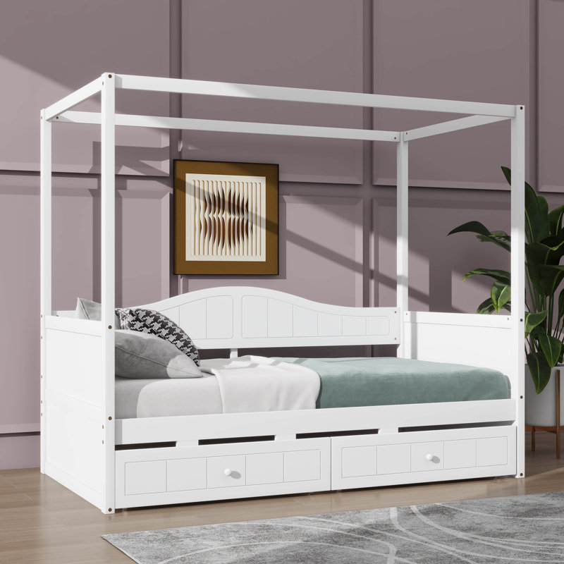 Lit à baldaquin simple avec deux tiroirs, structure de lit plateforme en bois, Blanc