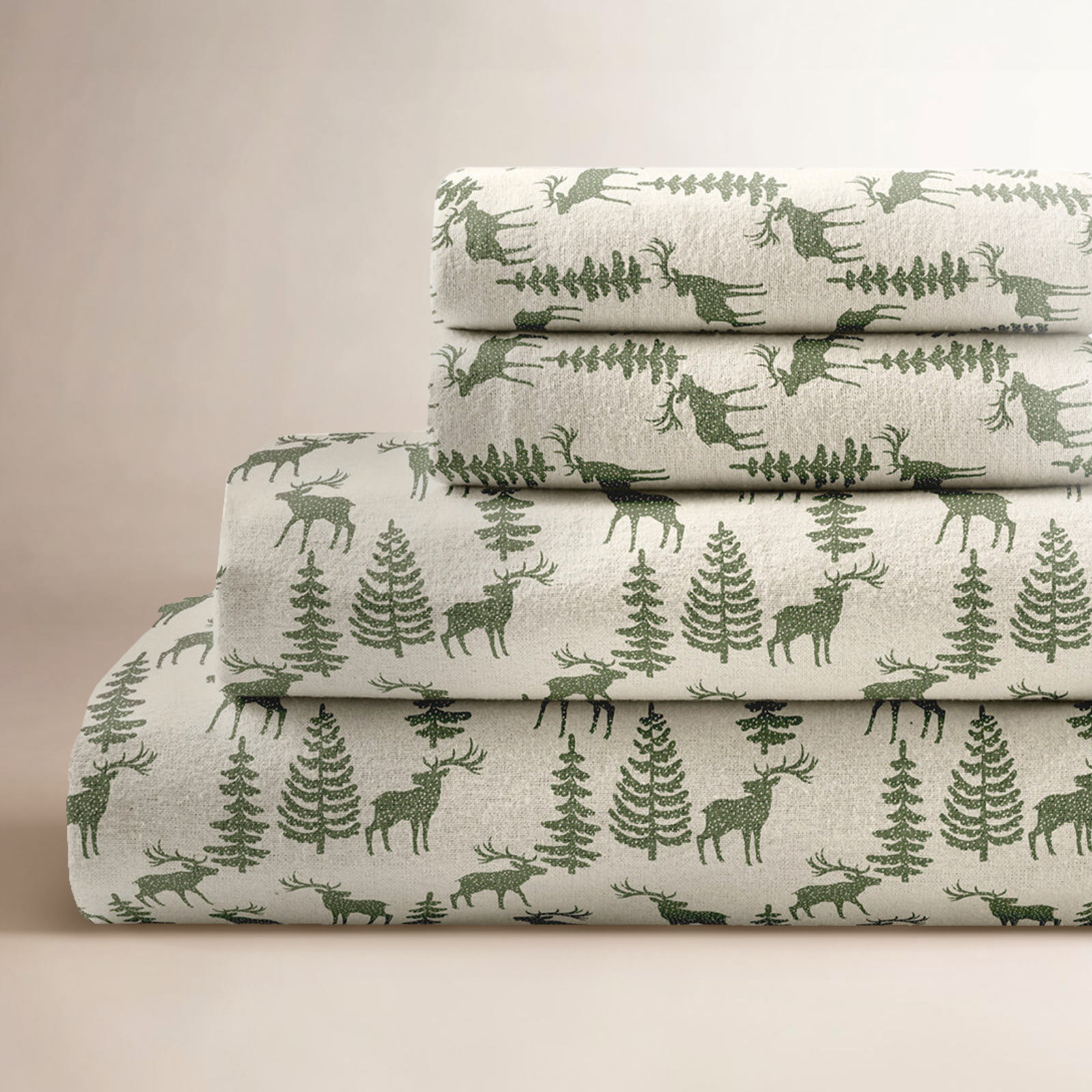 Fabrice Flannel Sheet Set, Full Sheet Set + Fitted Sheet + 2 Pillowcases, Ivory/Green