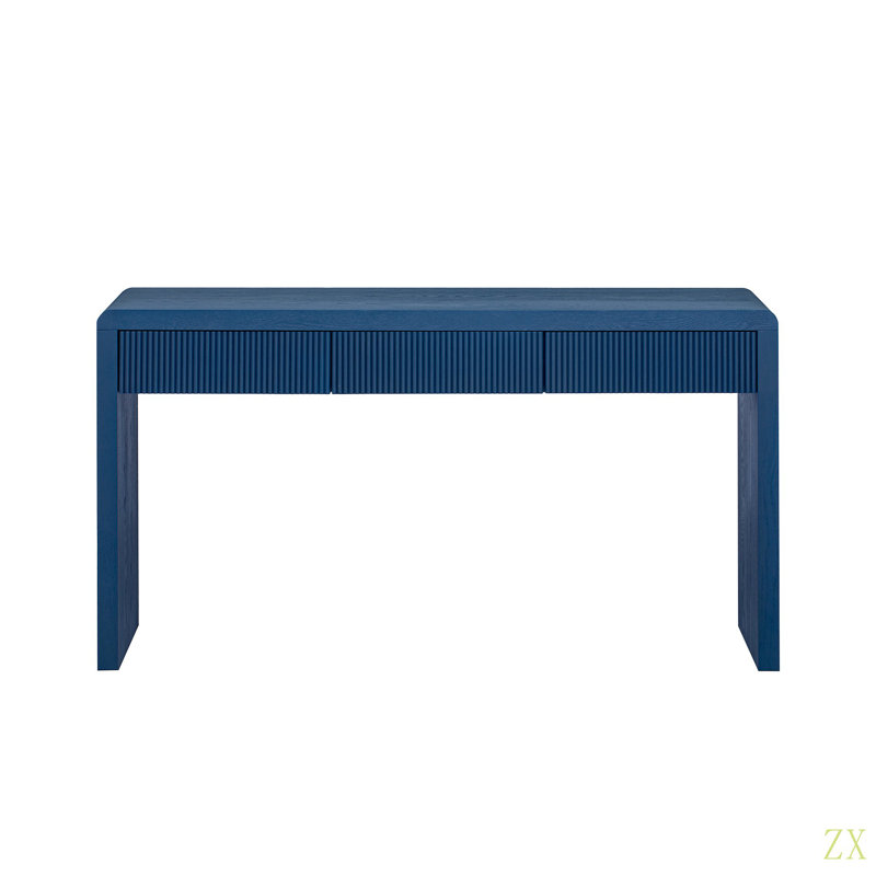 Console avec 3 tiroirs cannelés - Table d'entrée en placage de bois massif avec grain pour le salon, le couloir, Marine