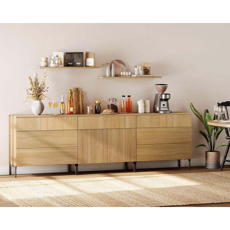 Buffet Aedham 94,5 "moderne en roseau minimaliste avec tiroirs et portes, armoire de rangement en bois 3-en-1, Chêne