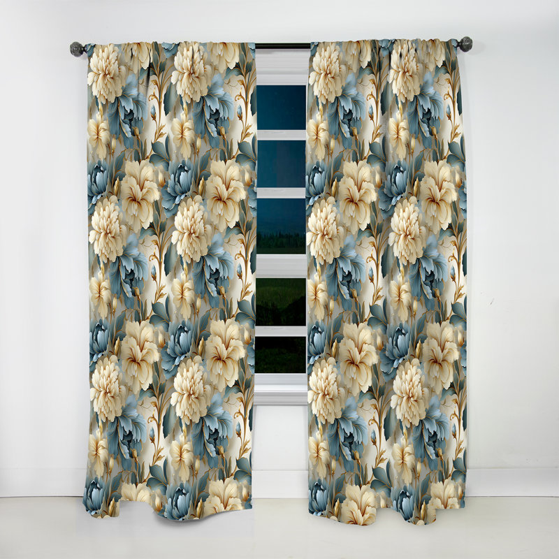 White And Blue Damask Flowering I - Damask Curtain - Velvet Room Darkening - 1 Panel, 52" W x 84" L