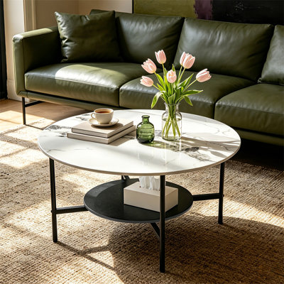 Table d'appoint ronde moderne avec rangement et table de bout en pierre frittée à 2 niveaux pour le salon