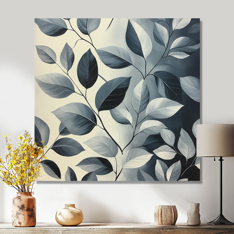 «Slate Grey Leaves Beauty III», reproduction d'art traditionnelle en métal, feuilles, décoration murale en métal