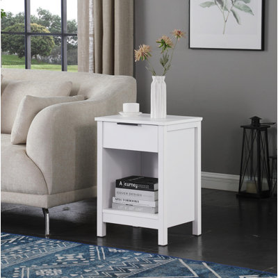Table de chevet rétro blanche moderne avec tiroir, table de bout à 3 niveaux avec tiroir de rangement et tablette ouverte, meubles de chevet fonctionnels pour chambre à coucher et salon