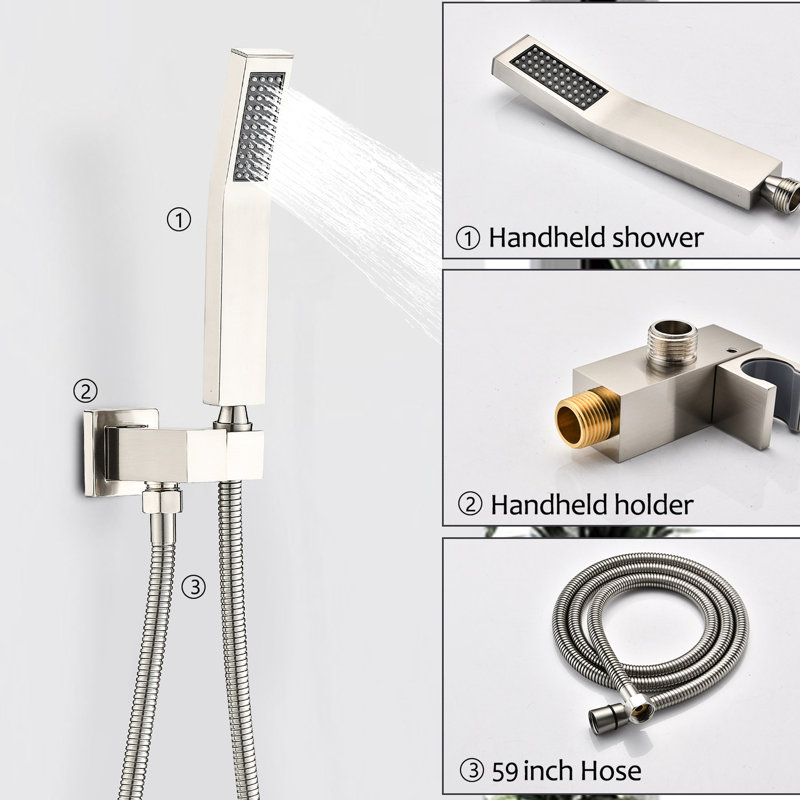 Wall Mounted Shower With Brushed Nickel Head - 10 Inch Rain Head, Handheld Shower, High Flow, Leak- Design Assembly Kit 10" Performance, Self-cleaning Nozzle