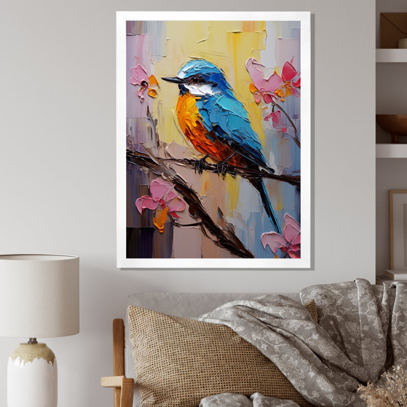 Bluebird Serenade, peinture - art mural oiseau, Cadre simple blanc, H 20 po x l 12 po x P 1 po