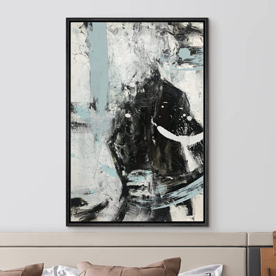 Grunge, pervenche, noir, blanc, peinture, coups, formes abstraites, illustrations - cadre flottant, impression sur toile