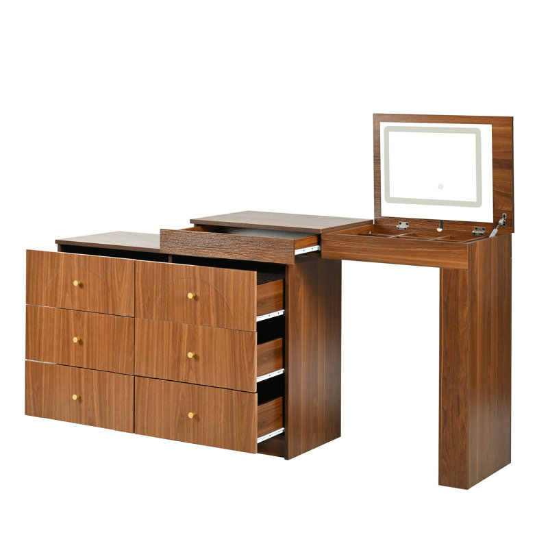 Bureau de coiffeuse avec miroir et lumières, Noyer