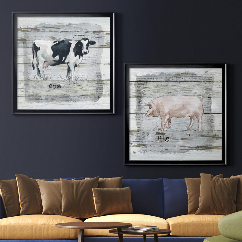 Farmhouse Collage Cow - ensemble de 2 reproductions d'art graphique, Toile avec cadre noir, Pas de tapis