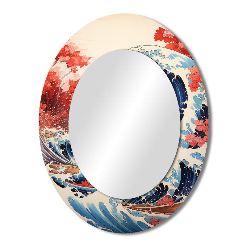 Grand chef-d'œuvre le grand rouge de Kanagawa II - grand miroir mural ovale sur métal, 43 po x 33 po