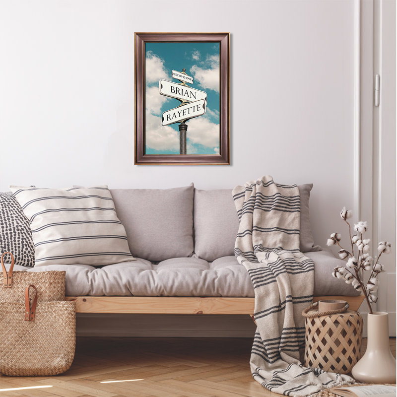Art mural sur toile avec panneau et nom personnalisé - nom élégant du ciel bleu et des nuages pour les couples, les mariages et les anniversaires