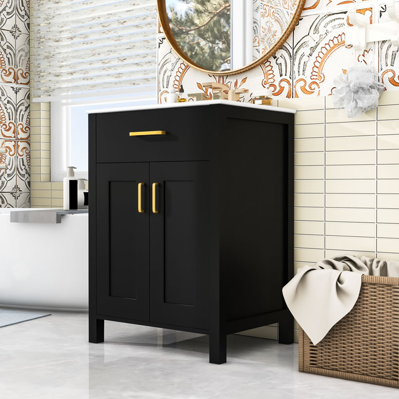 Ensemble de meuble-lavabo simple autoportant avec rangement, lavabo en céramique et poignées dorées Hulstein, Noir