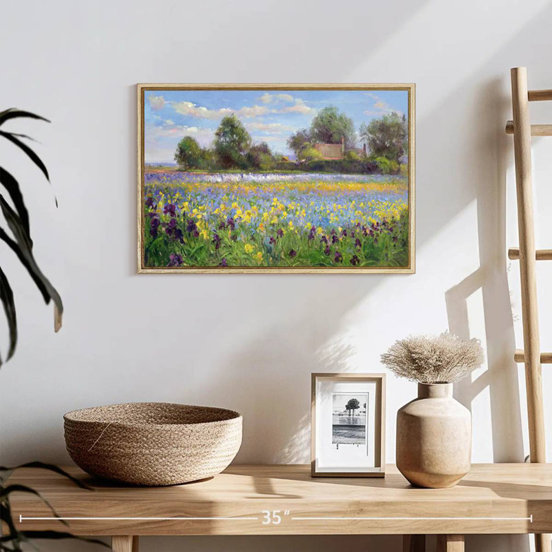 Ferme et champ d'iris, 19 po x 13 po, Cadre flottant en bois naturel