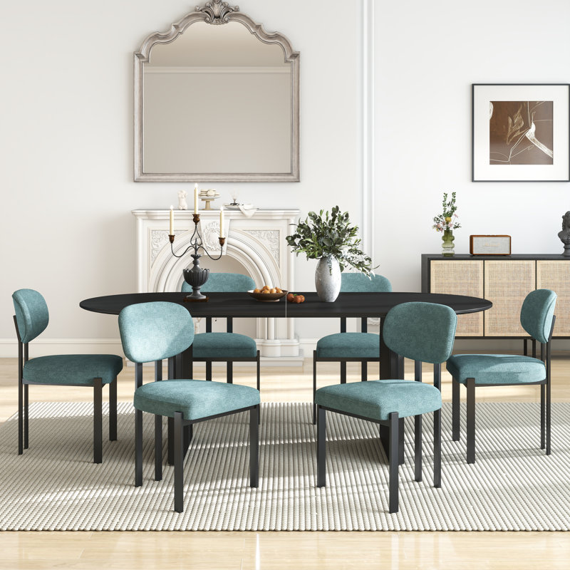Oval  Double Pedestal Dining Table Sets, 7 Pieces: Table, 6 Chairs, Black, Teal