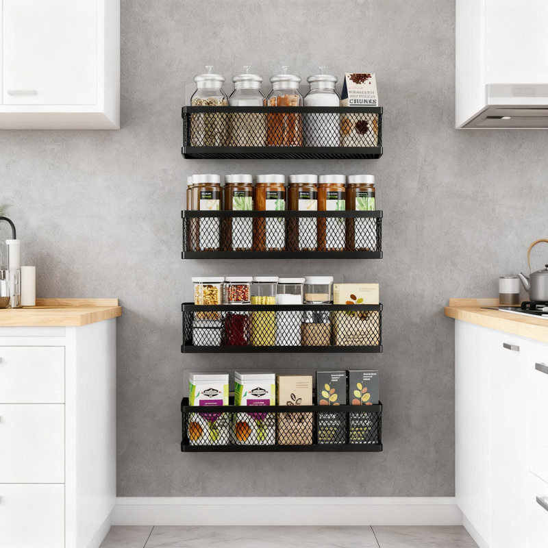 Ensemble de 4 étagères à épices murales robustes en métal avec paniers de grande capacité pour armoires de cuisine, porte de garde-manger, salle de bain et douche