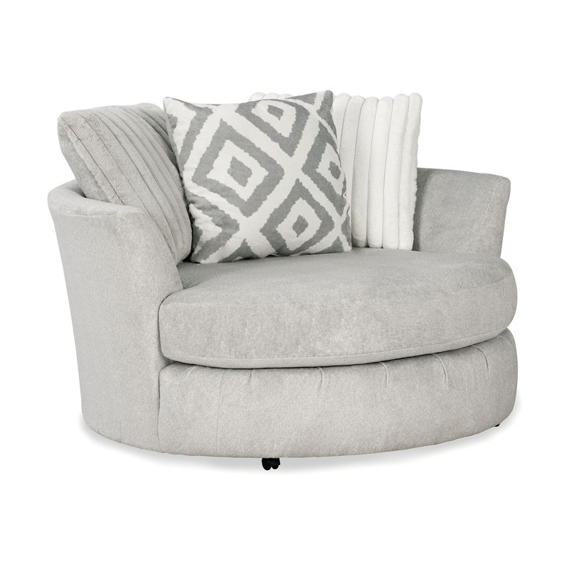 Fauteuil pivotant rond de style transitionnel avec accoudoirs incurvés en chenille grise et bois massif