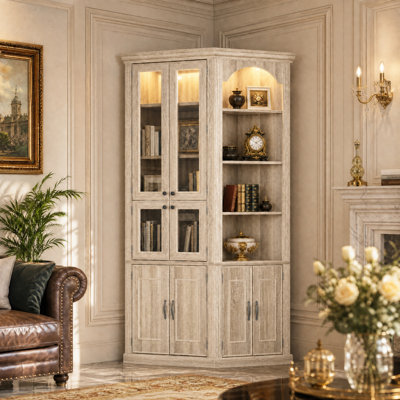 90.3" H Tall Corner Display Cabinet with Built-In LED Lighting, Glass Doors & Adjustable Shelves