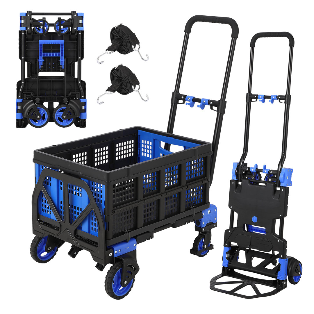 2-in-1 Folding Shopping Cart, Heavy Duty Collapsible Utility Trolley with Foldable Basket, Telescopic Handle and Wheels, Holds 150 KG for Shopping, Lu