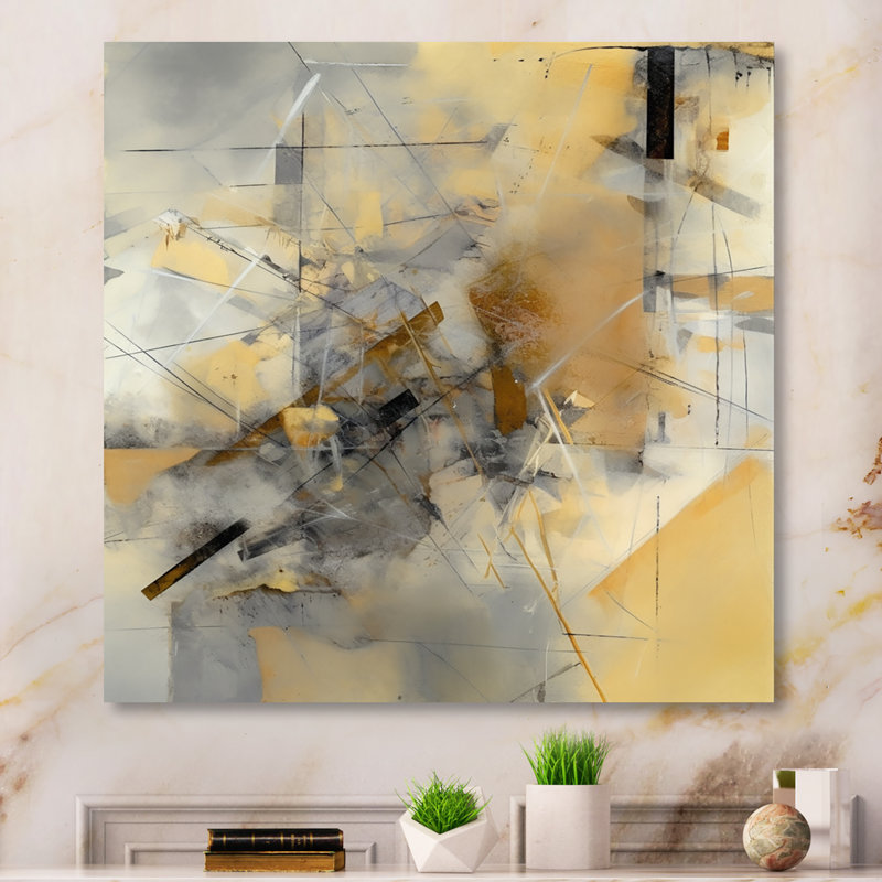Jaune et gris au-delà de la toile II - peinture abstraite, art mural en métal, H 36 po x l 36 po x P 1 po