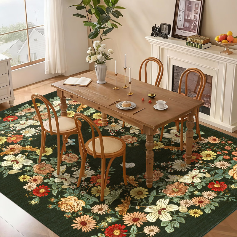 Rugs for Living Room 3x5, Washable Floral Area Rug Non Slip Soft, Low Pile Ultra-Thin Carpet for Entryway, Kitchen, Bedroom, Dark Green