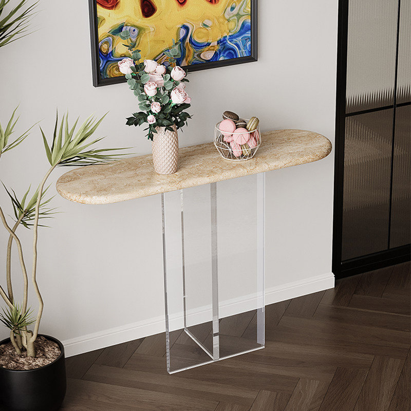 Console ovale en pierre avec pieds en acrylique, H 33,46 po x l 47,24 po x P 13,78 po, Beige