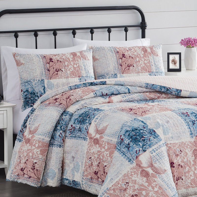 King Size Blue and Pink Microfiber Patchwork Duvet Cover Set