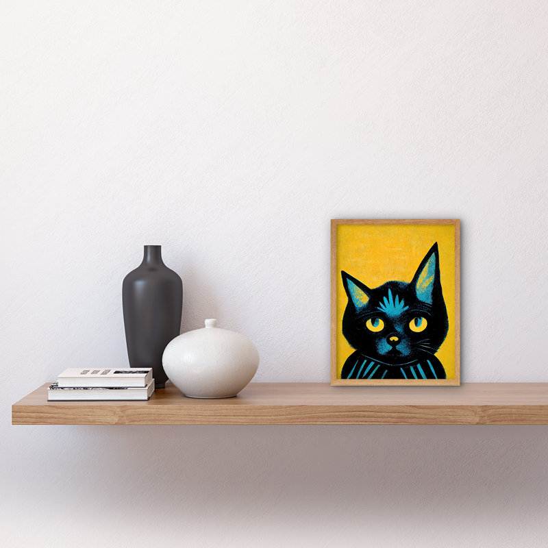 Quirky Bold Black Cat Artwork - Painting, Light Brown Framed Paper, 25.9cm H x 20.6cm W