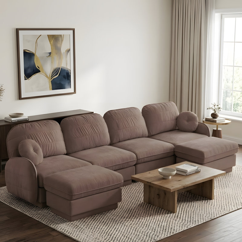 Canapé en U avec assise profonde et repose-pieds amovible, Rose Dust Chenille, 37.4" H x 137" W x 57.8" D