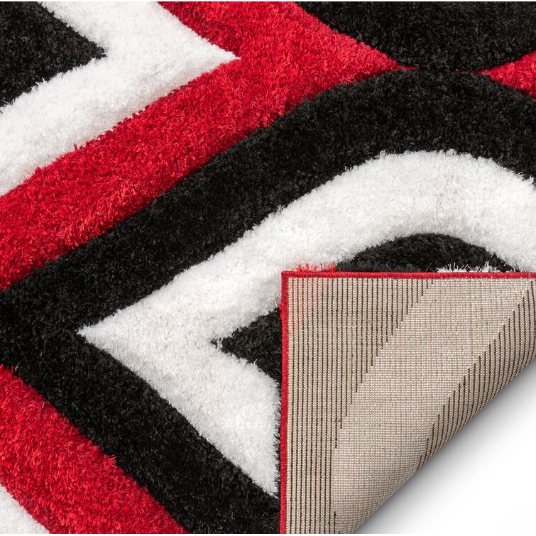 Paco Home Red Black White Area Rug with Contour Cut and Modern Wave Pattern, Size: 6'7 x 9'6