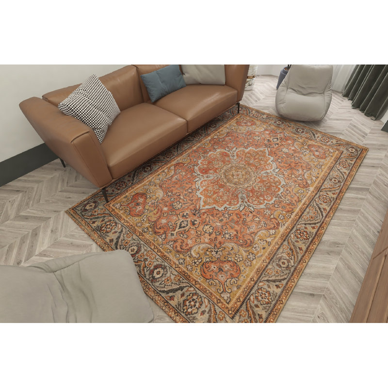 Fehrat Oriental Machine Woven Cotton/Polyester Area Rug in Rust, Runner 2'6" x 7'6"