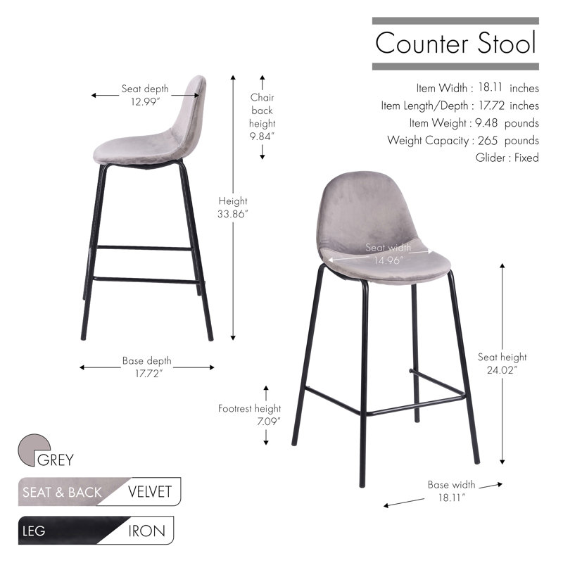 Lazio Velvet Bar Stool with Iron Legs, Gray, Bar Stool (29.13” Seat Height)