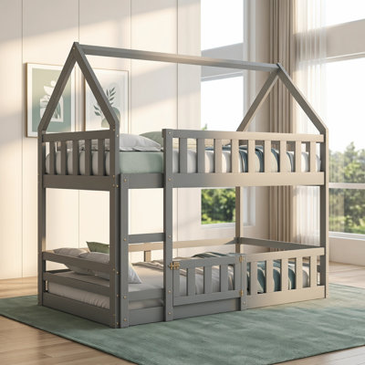 White Wood Twin XL over Queen Bunk Bed with Ladder - Space-Saving & Convertible