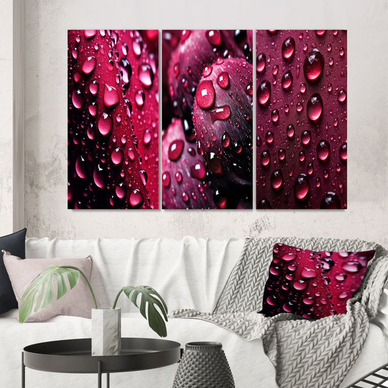 Rose rouge avec gouttes de pluie - ensemble de 3 impressions, Toile tendue, H 20 po x l 36 po